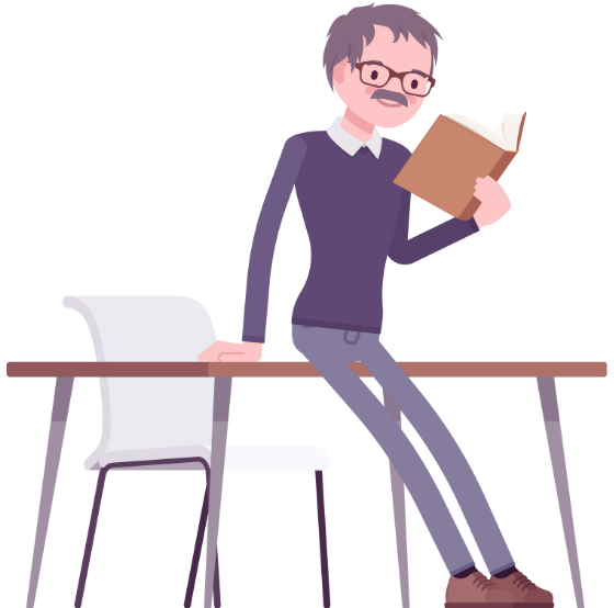 机の上にもたれかかり本を読む眼鏡の中年男性のイメージ