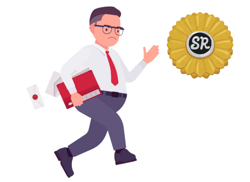 眼鏡をかけた中年男性がファイルを小脇に抱え忙しそうに小走りしてる。右に社労士のバッチのイメージ